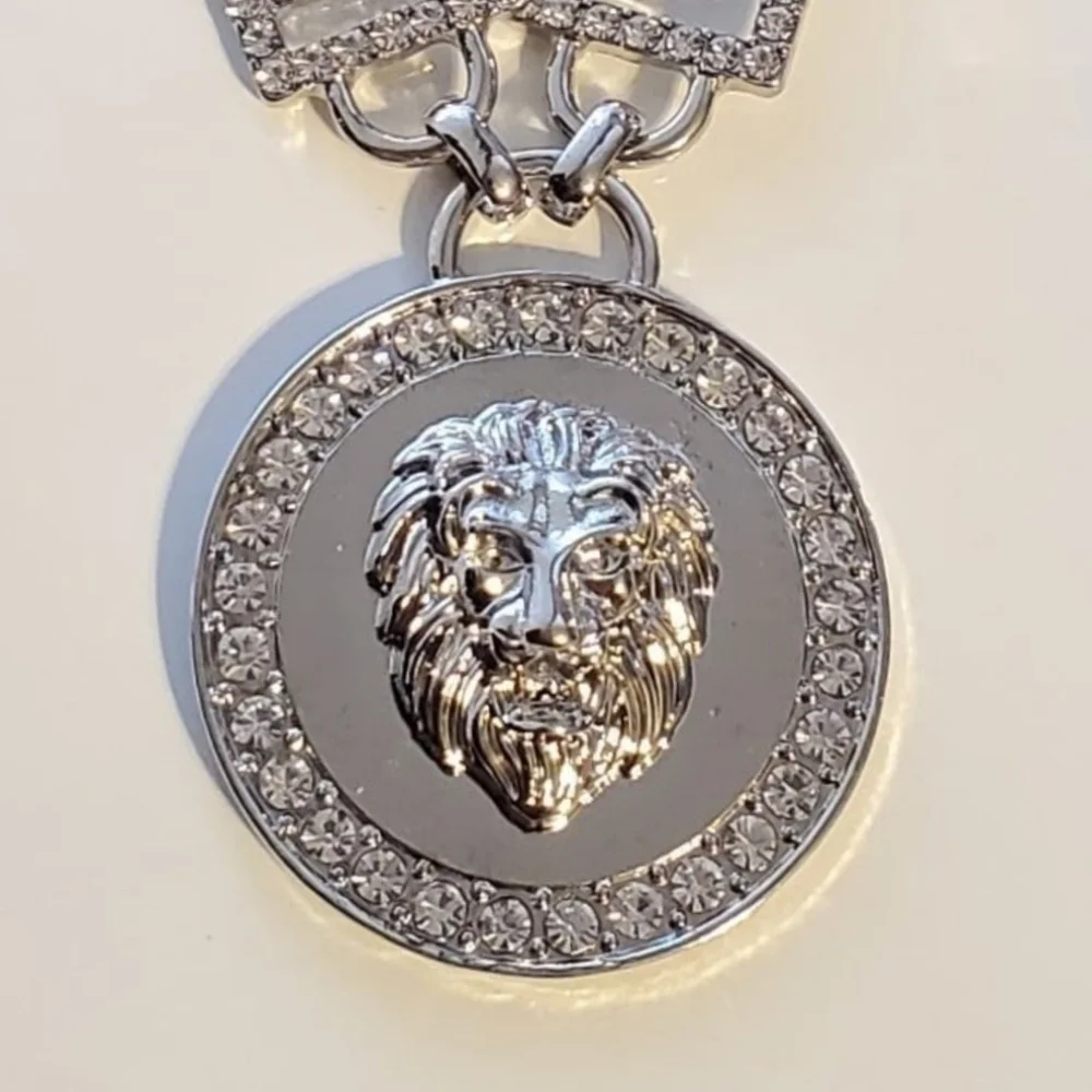 Greek Key Lion Head Necklace with Rhinestones